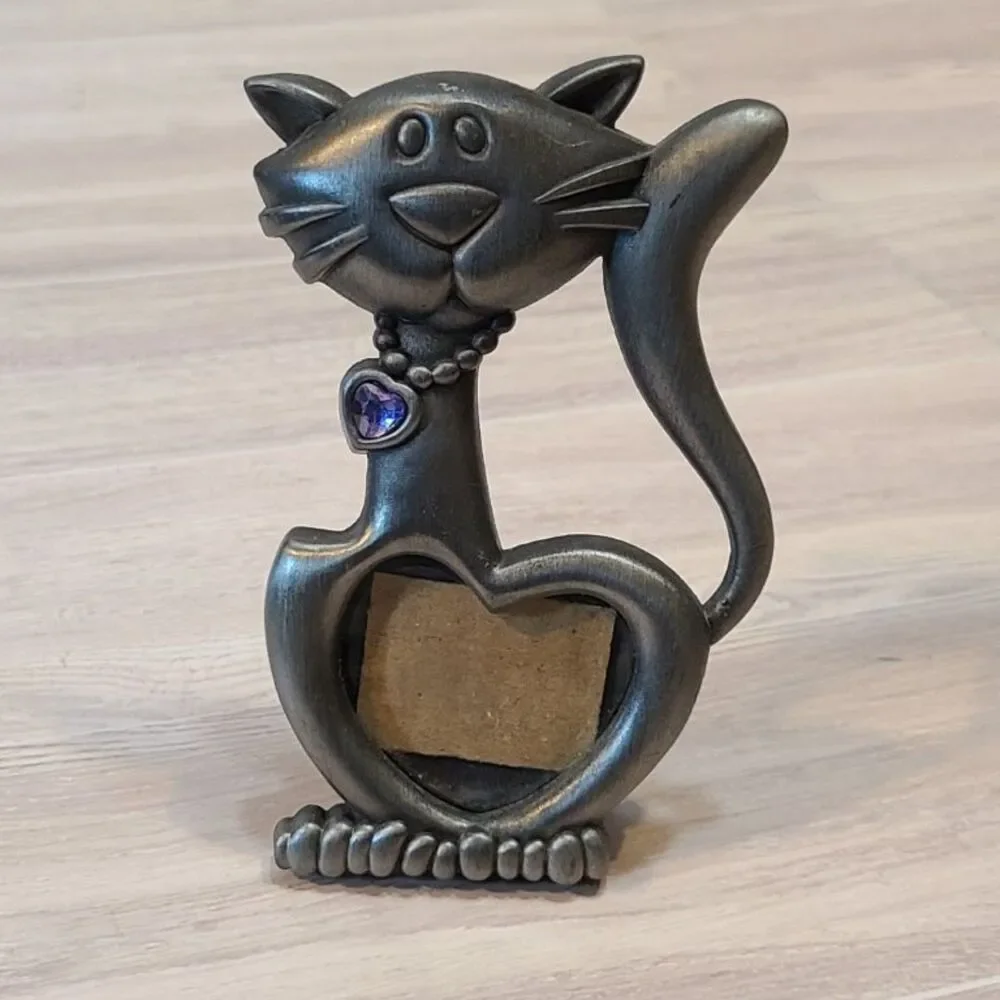 Metal Cat Picture Frame Silver Pewter Holder Purple Heart Accent Pet Decor Gift